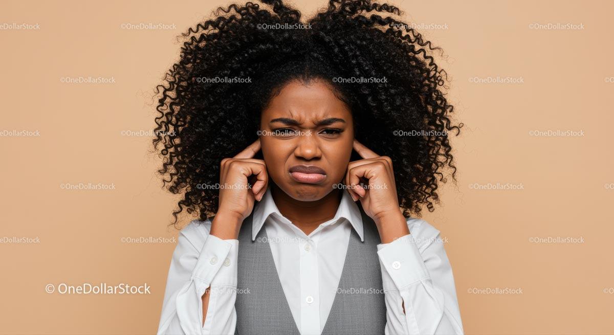 Frustrated Woman Covers Ears Against Noise in Business Attire Stock Photo Bundle preview 49