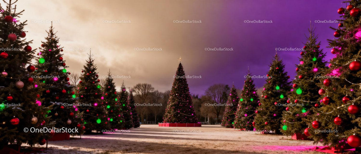 Decorated Christmas Trees in Open Park with Evening Sky