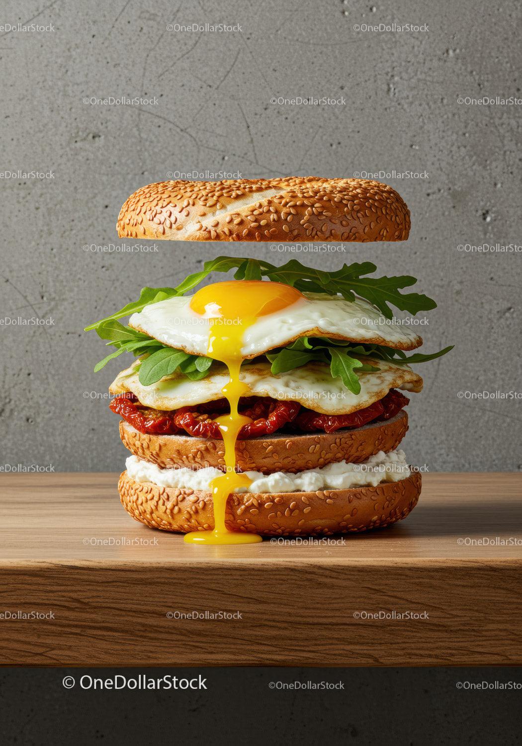 Gourmet Breakfast Bagel with Sunny Side Up Egg Drip