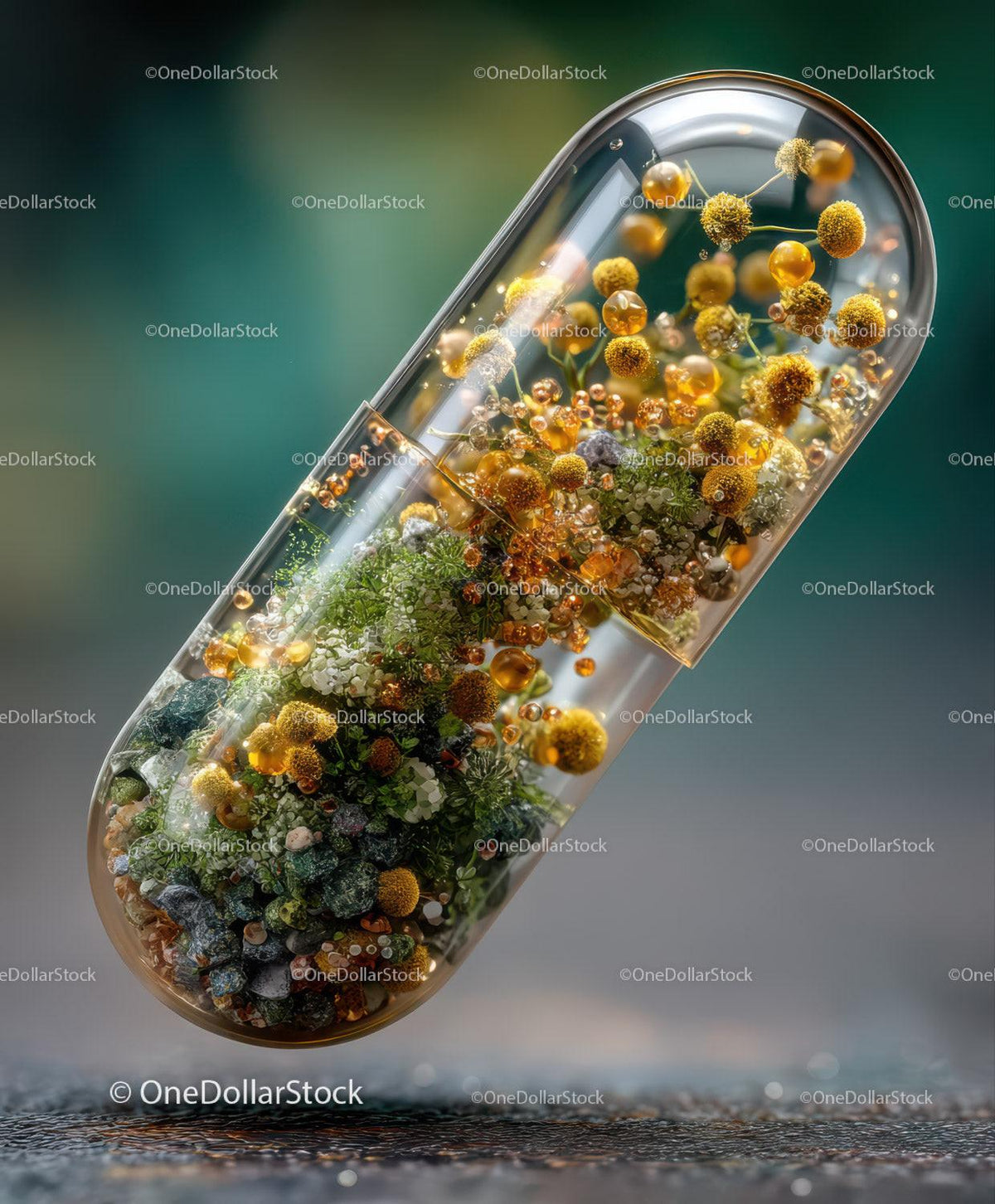 Transparent capsule with yellow spherical flowers and green moss inside