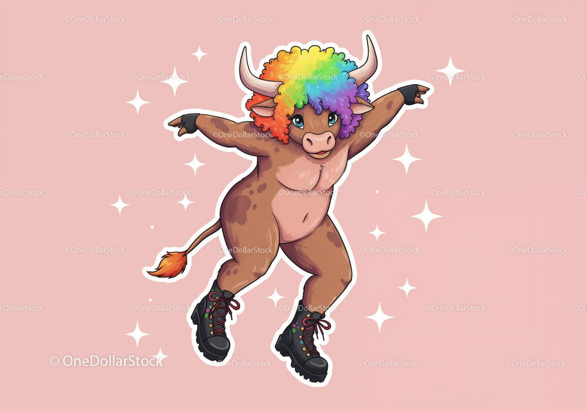Colorful Cartoon Bull with Rainbow Hair in Funky Streetwear Stock Photo Bundle preview 21