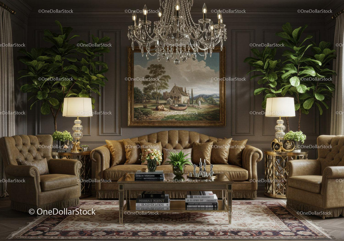 Elegant living room with classic decor and lush greenery