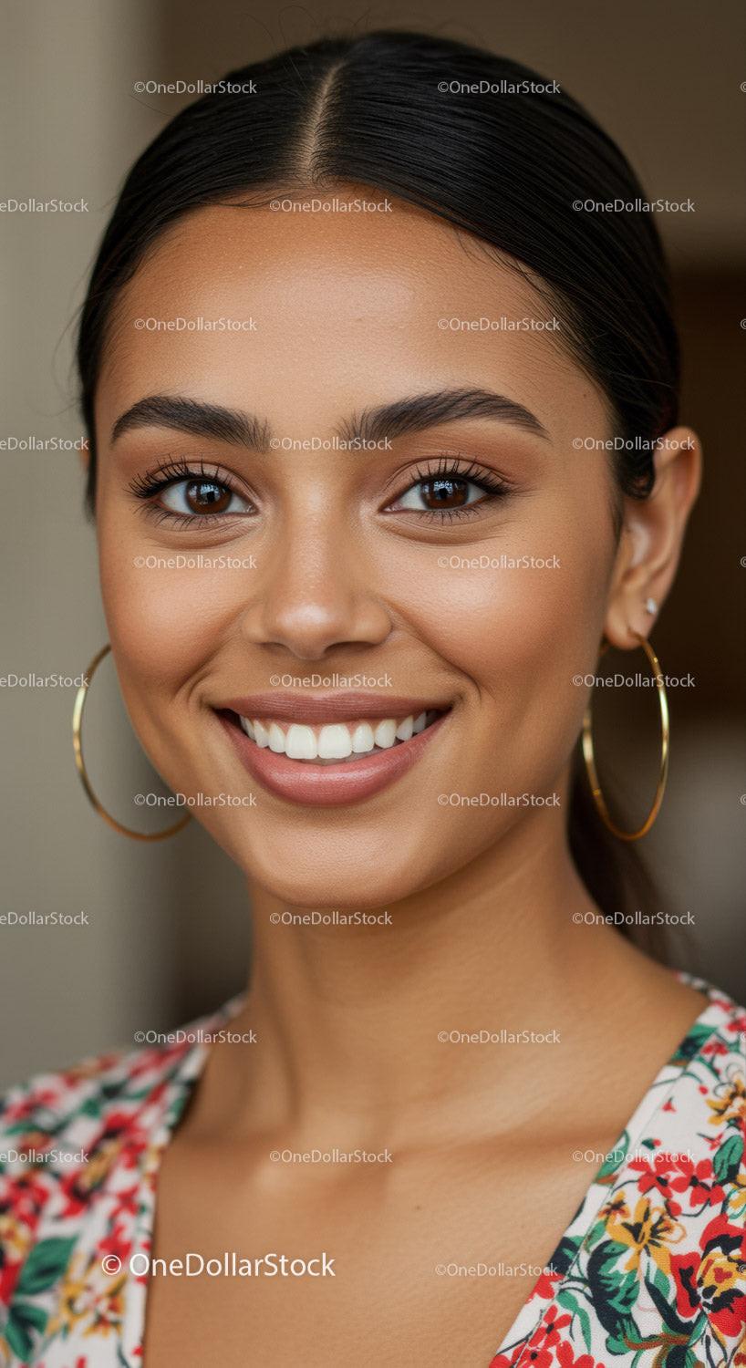 Elegant Smiling Woman with Dark Hair and Hoop Earrings