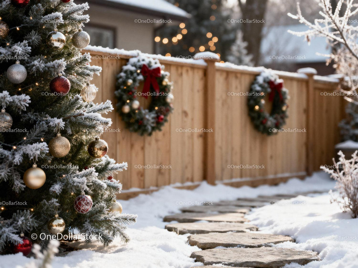 Snowy Christmas Tree and Wreaths Along Wooden Fence