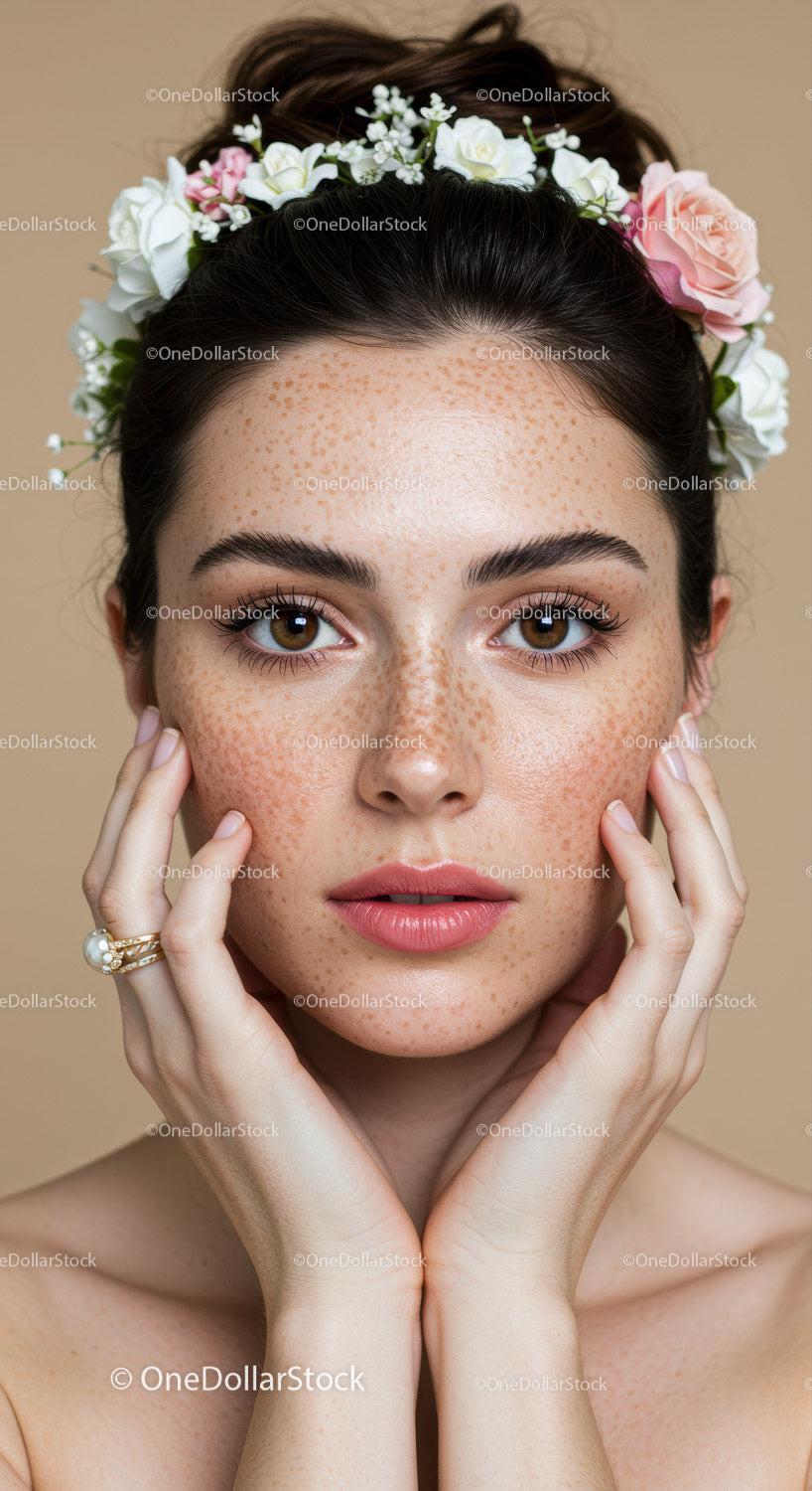 Close-up Portrait of a Woman with Freckles and Floral Crown