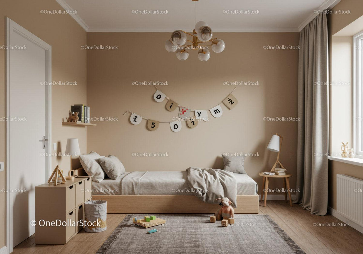 Cozy Children's Bedroom with Wooden Furniture and Soft Decor