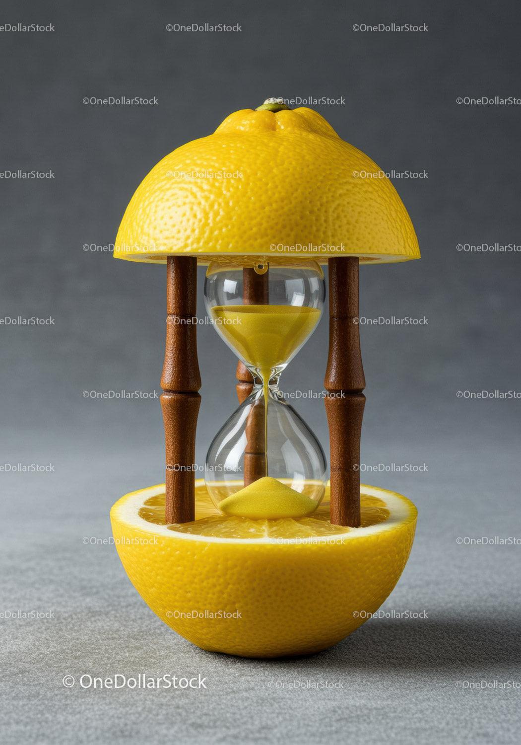 Hourglass with Yellow Sand Inside Halved Lemon