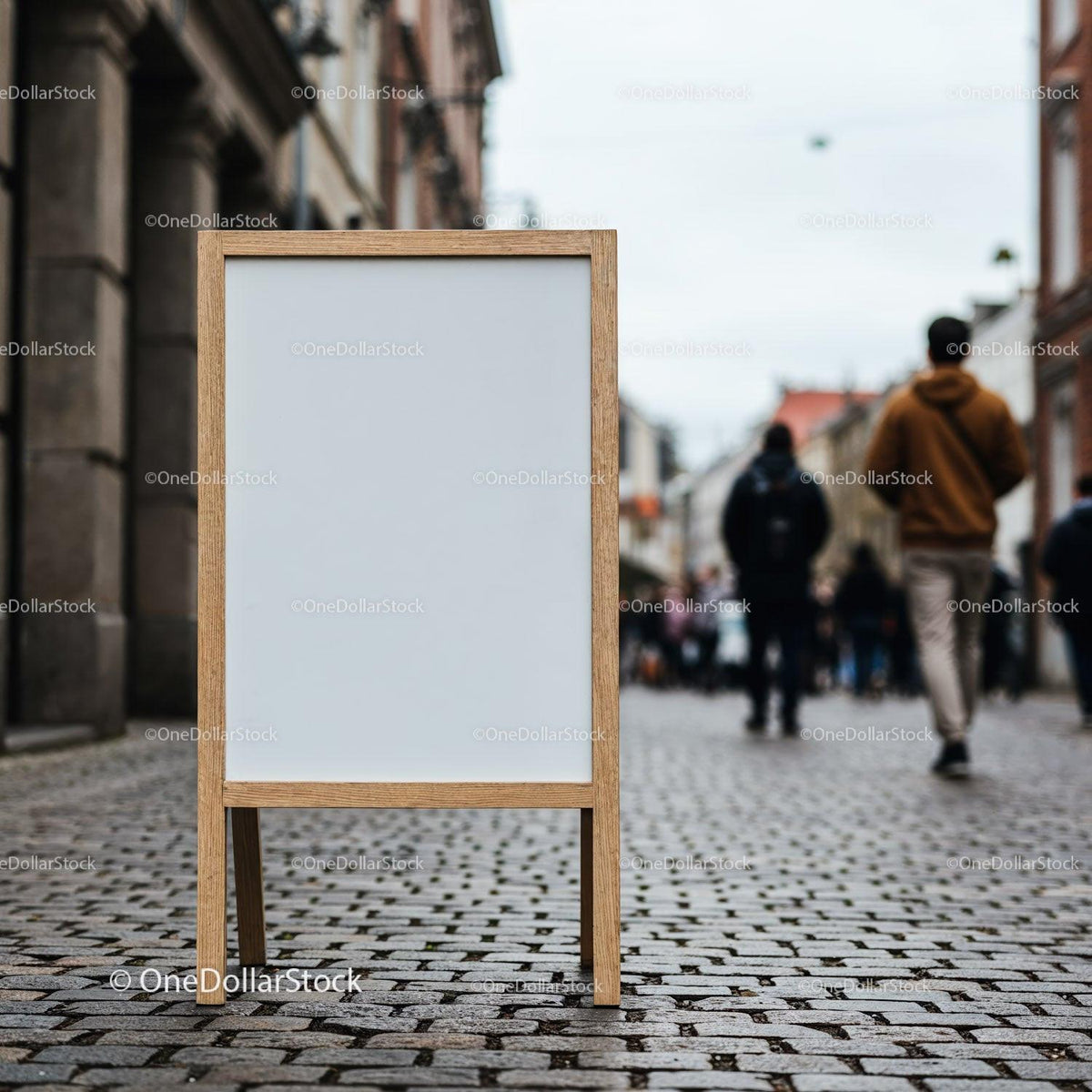 Blank Wooden Menu Board on City Street with Pedestrians JPG Mockup Image preview