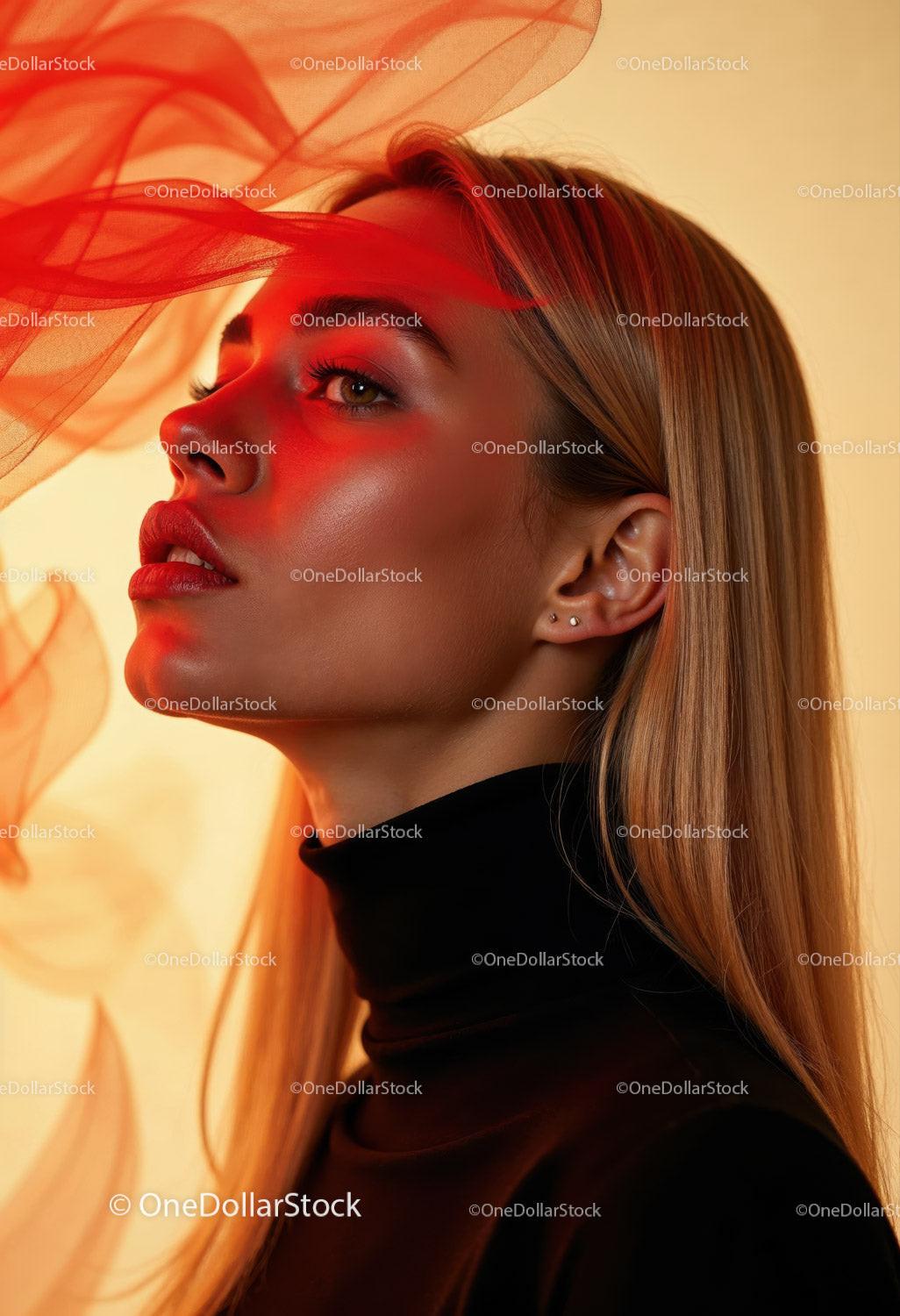 Creative Artistic Makeup Portrait with Red Face Paint and Blonde Hair Stock Photo Bundle preview 12