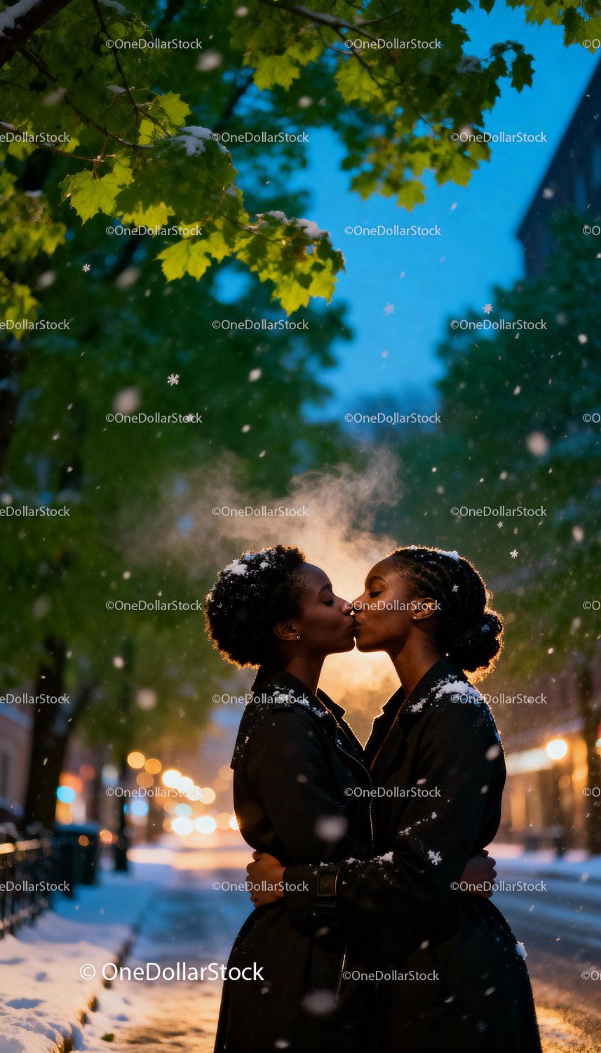 Romantic Winter Kiss Between Loving Women Outdoors