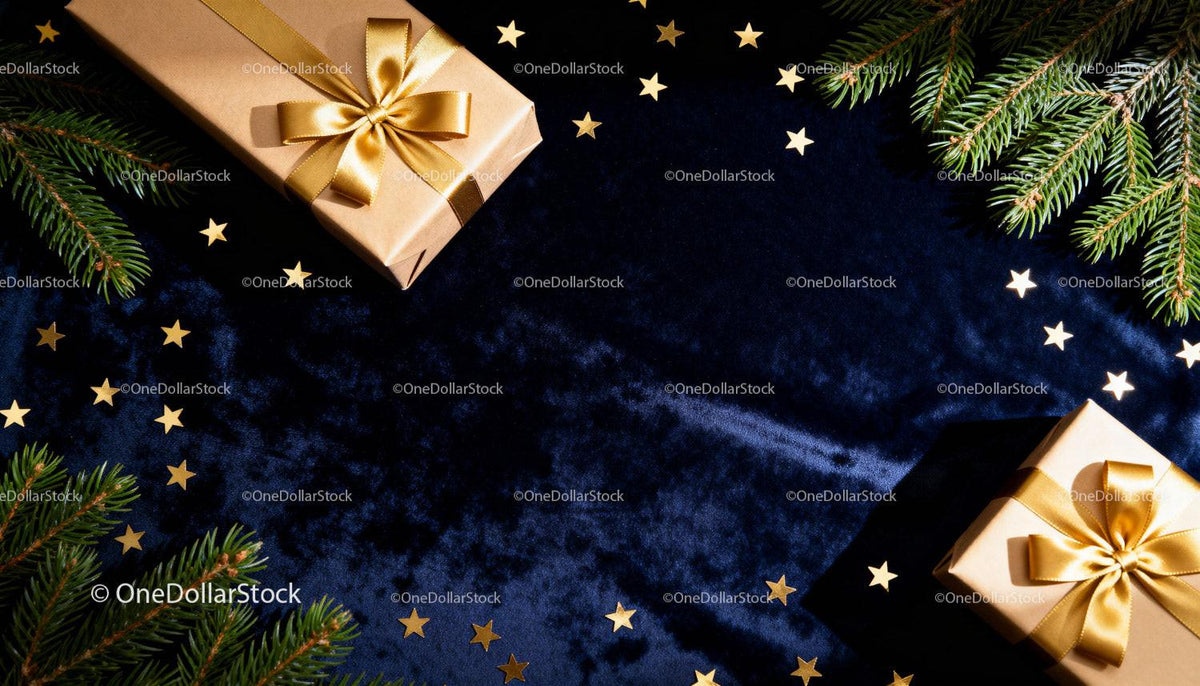 Festive Christmas gifts with golden ribbon and stars