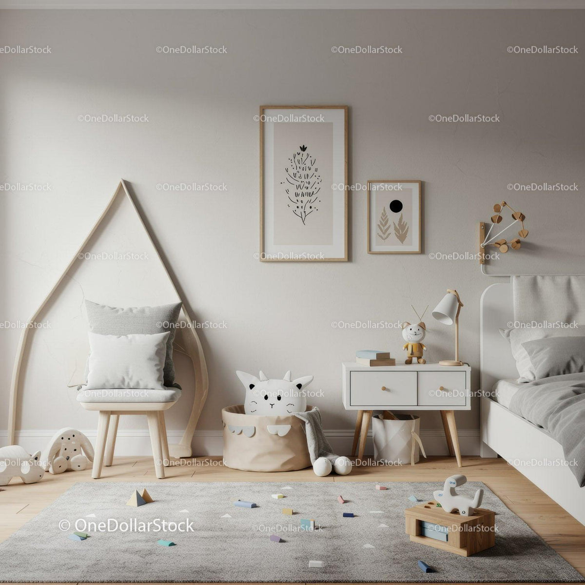 Cozy Modern Children's Bedroom with Wooden Furniture and Playful Decor