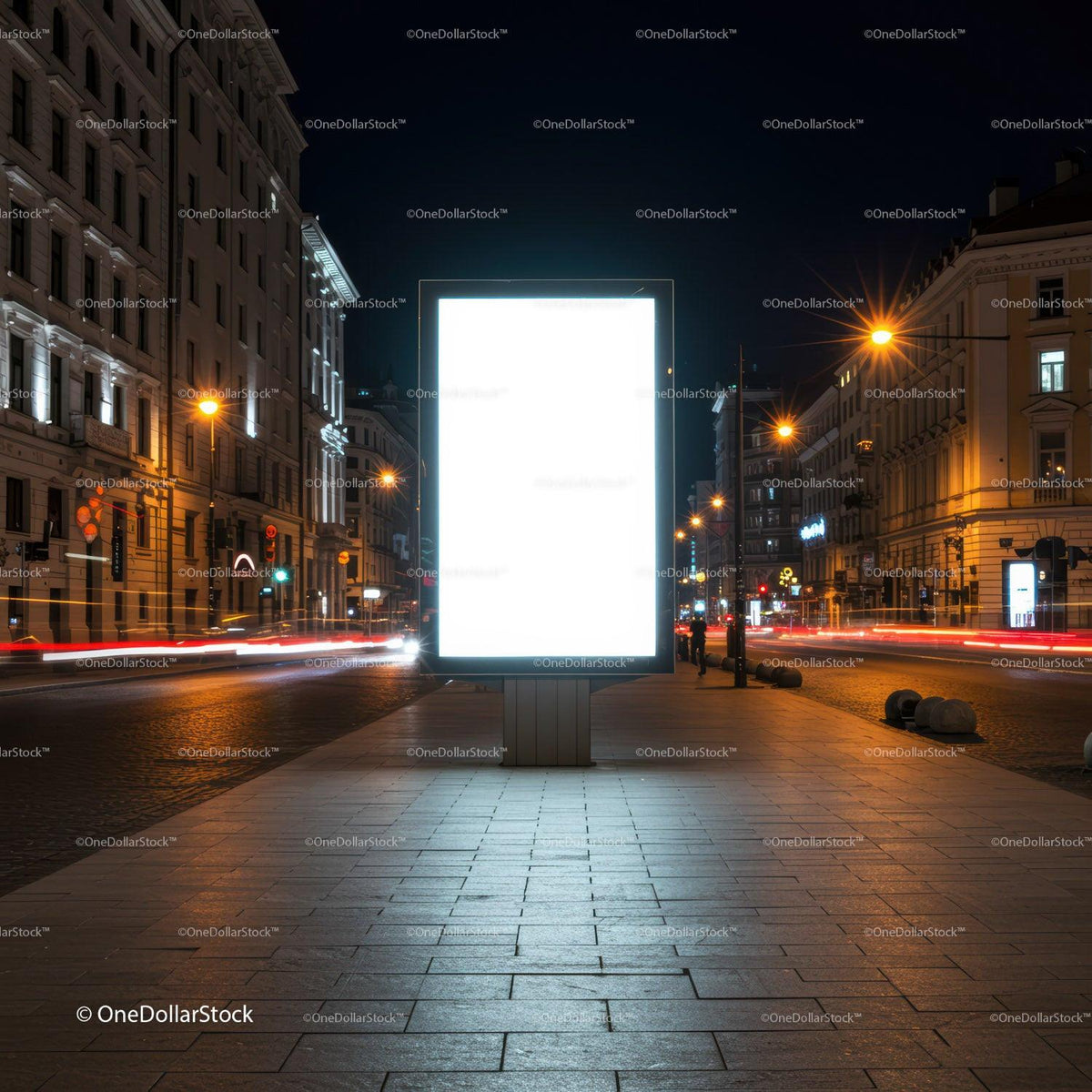 Illuminated blank billboard on busy city street at night JPG Mockup Image preview