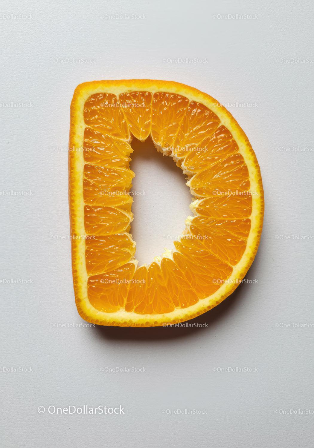 Fresh orange slice shaped like letter D on white background
