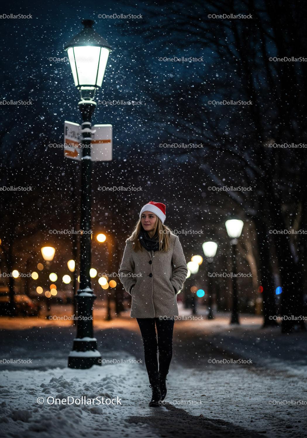 Young woman walking in snowy park on winter night