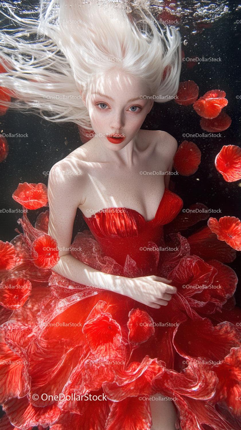 Pale woman with blonde hair and red dress underwater surrounded by floating red petals
