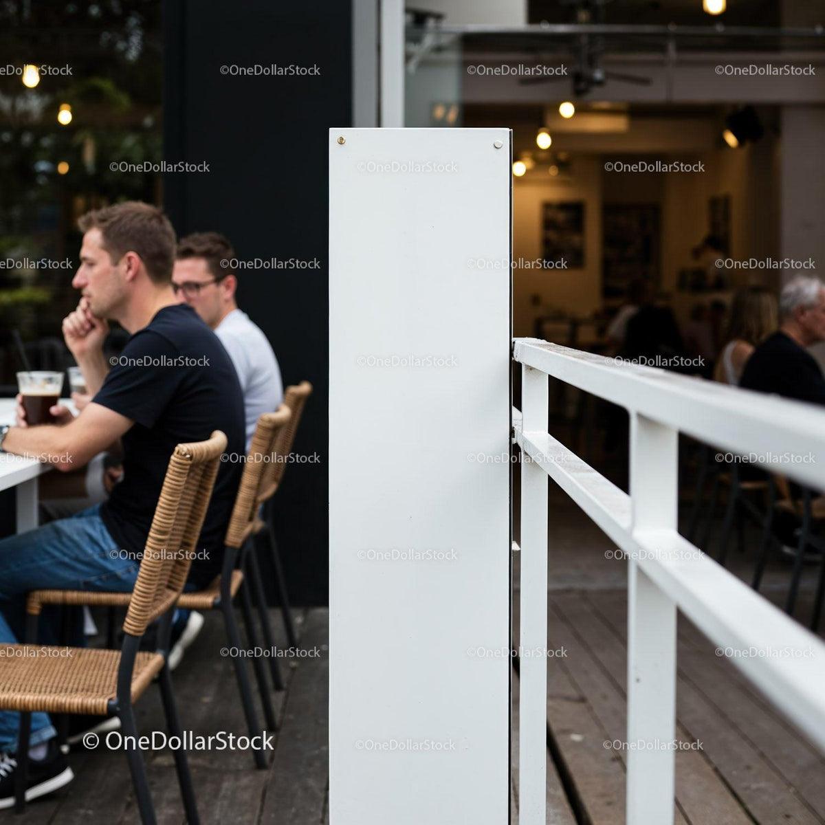 Quiet coffee shop patio with thoughtful patrons outdoors JPG Mockup Image preview