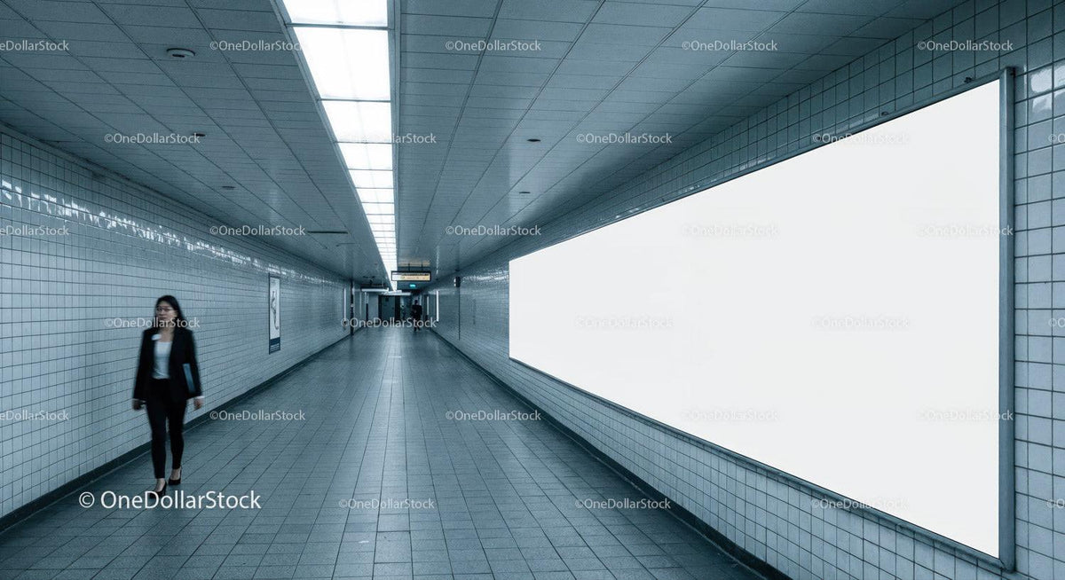 Modern Subway Tunnel with Tiled Walls and a Walking Woman JPG Mockup Image preview
