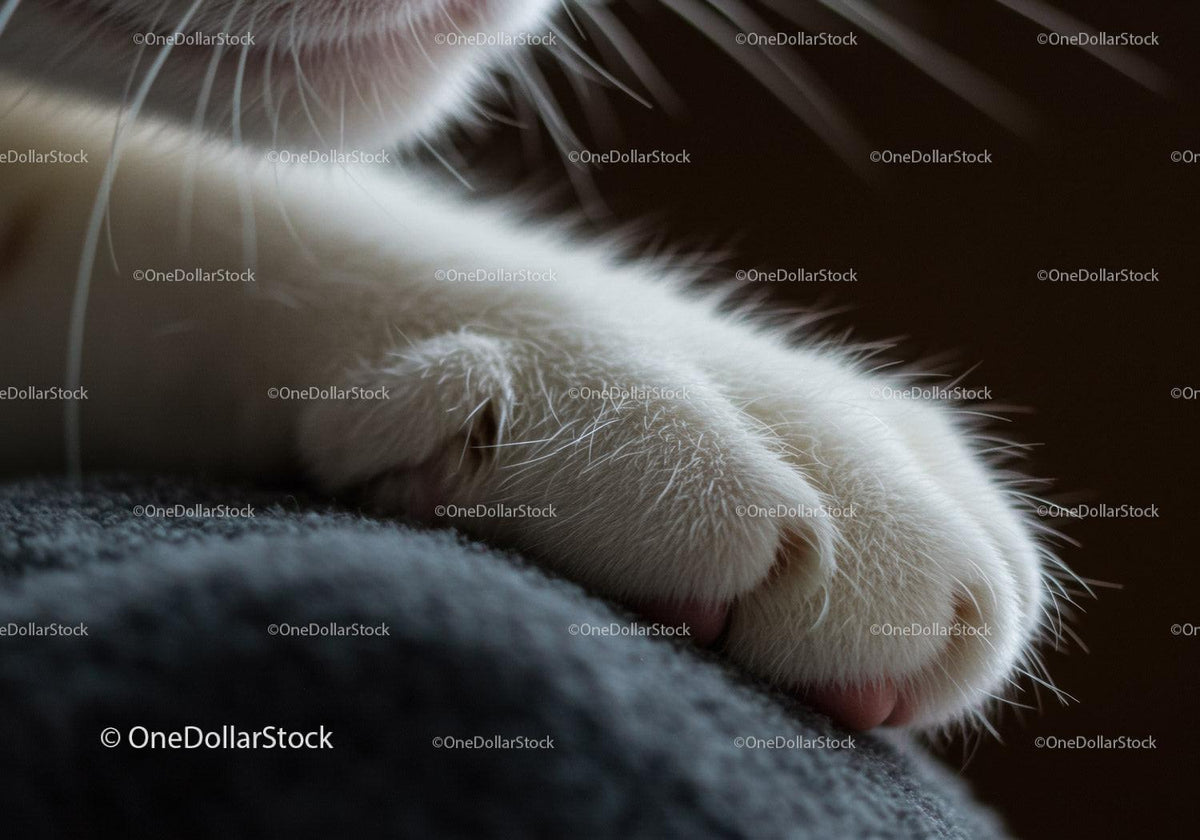 Close up of a sleeping white cat paw on fabric surface