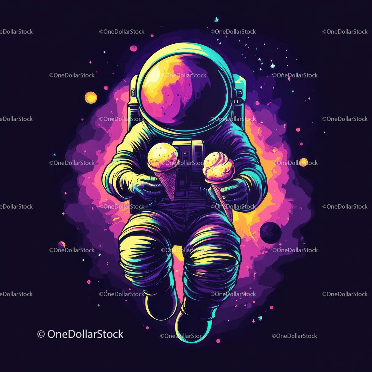 Colorful Astronaut Holding Ice Cream in Space with Galaxy Reflection Stock Photo Bundle creative preview 4