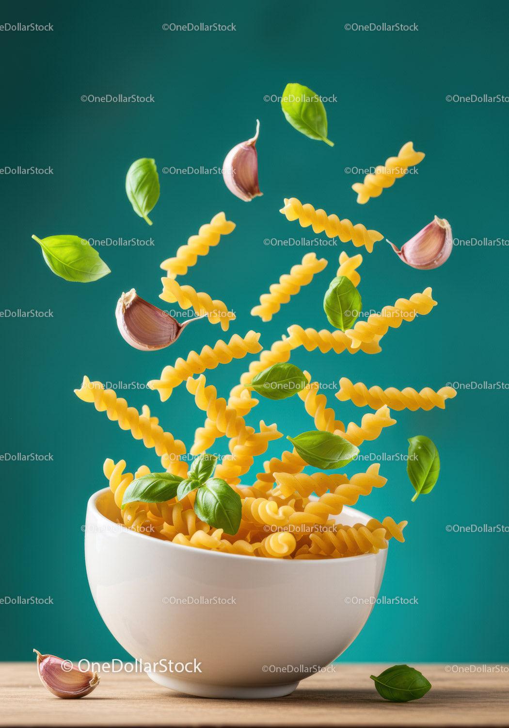 Flying fusilli pasta with garlic and fresh basil leaves