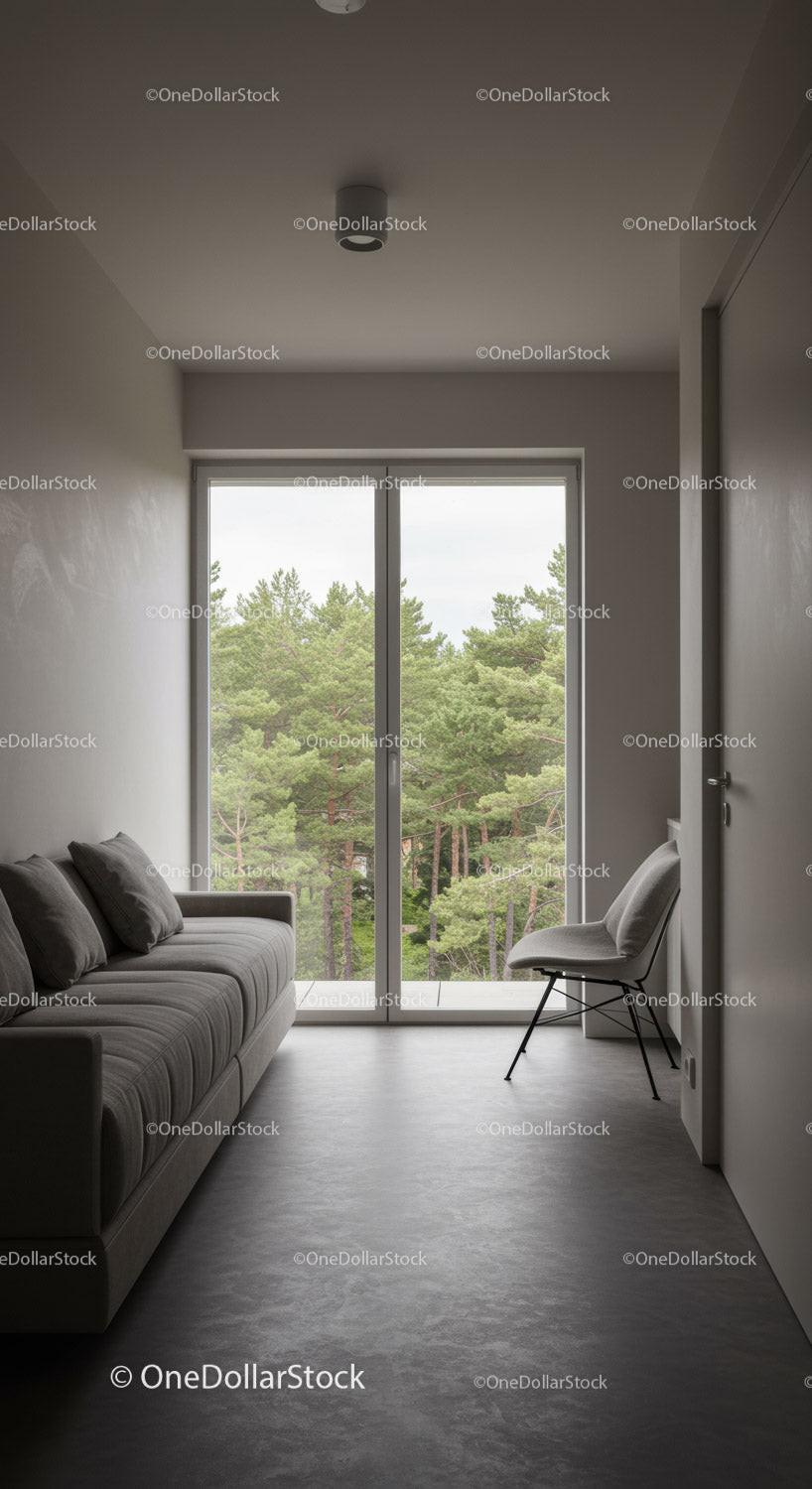 Modern Minimalist Living Room with Large Window and Forest View
