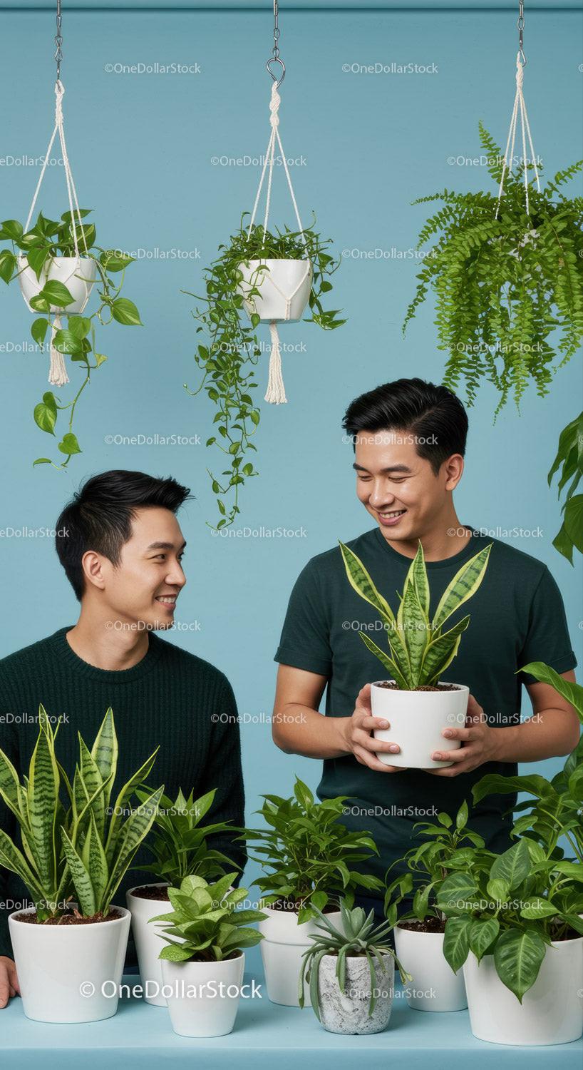 Two men sharing joy with lush houseplants indoors