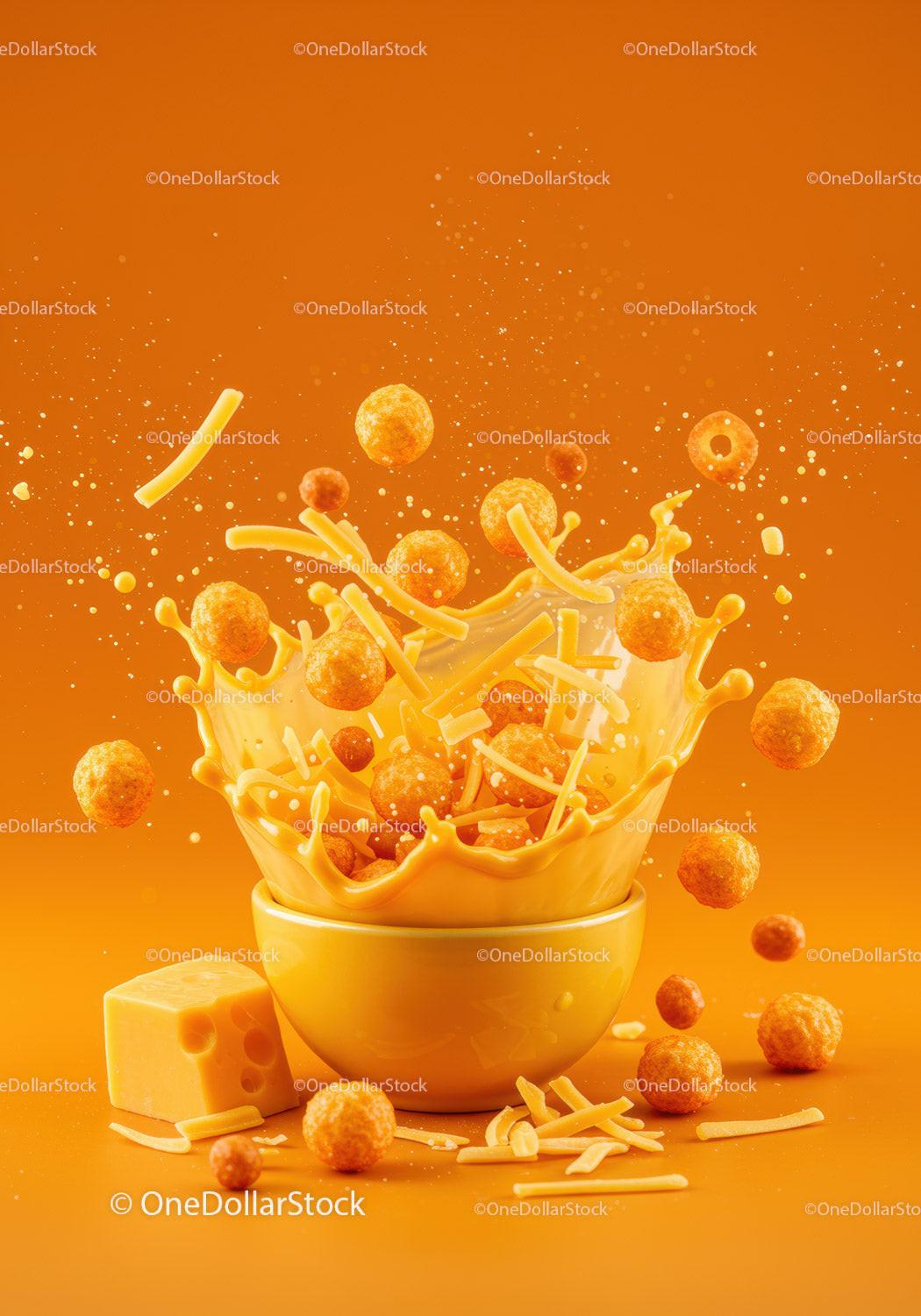 Cheese-flavored cereal bursting from bowl in splash