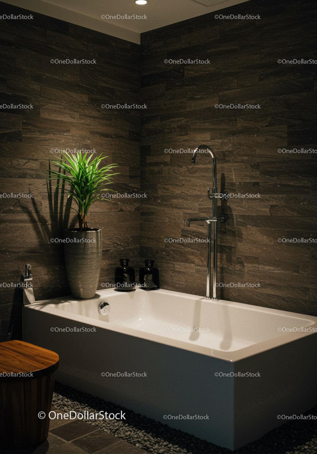 Luxurious Modern Bathroom with Bathtub and Green Plant Decor