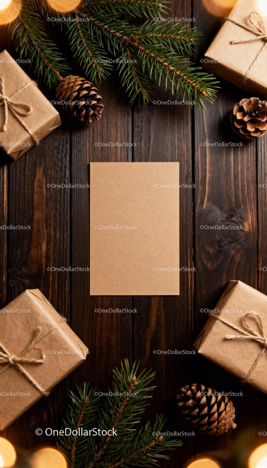 Rustic Christmas gifts and pine decoration flat lay JPG Mockup Image preview