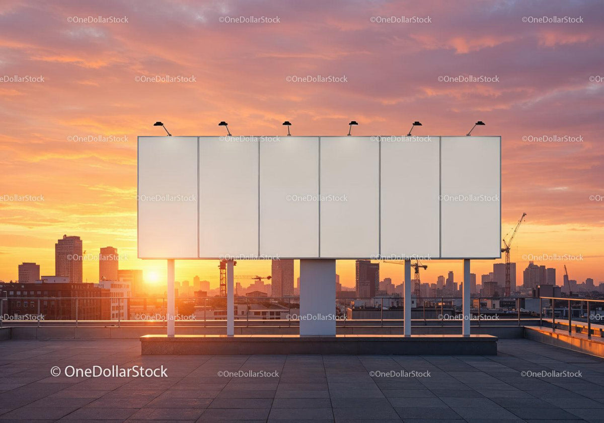 Blank Billboard with City Skyline at Sunset Over Rooftop JPG Mockup Image preview