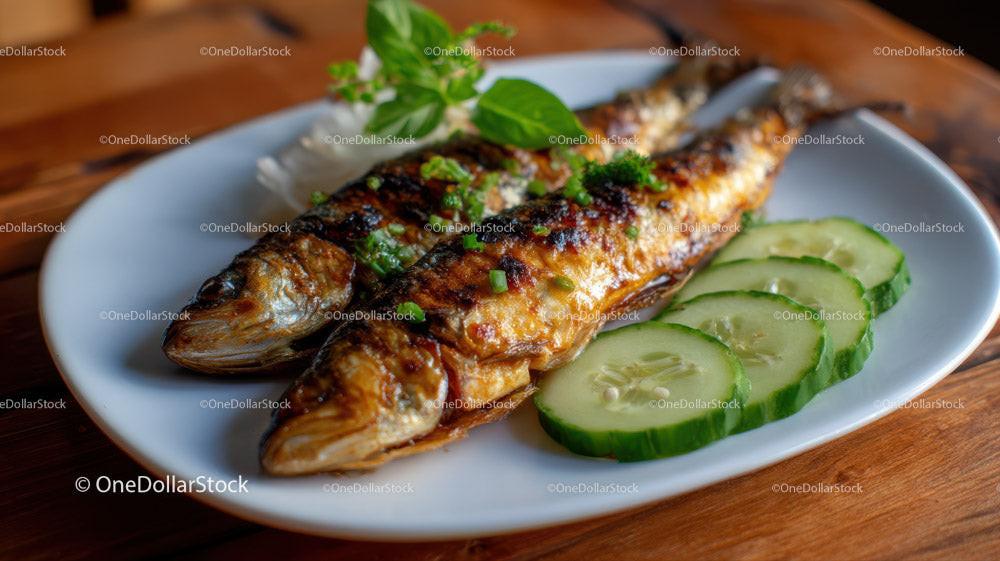 Grilled Fish with Cucumber Slices on Rustic Wooden Table Stock Photo Bundle creative preview 4