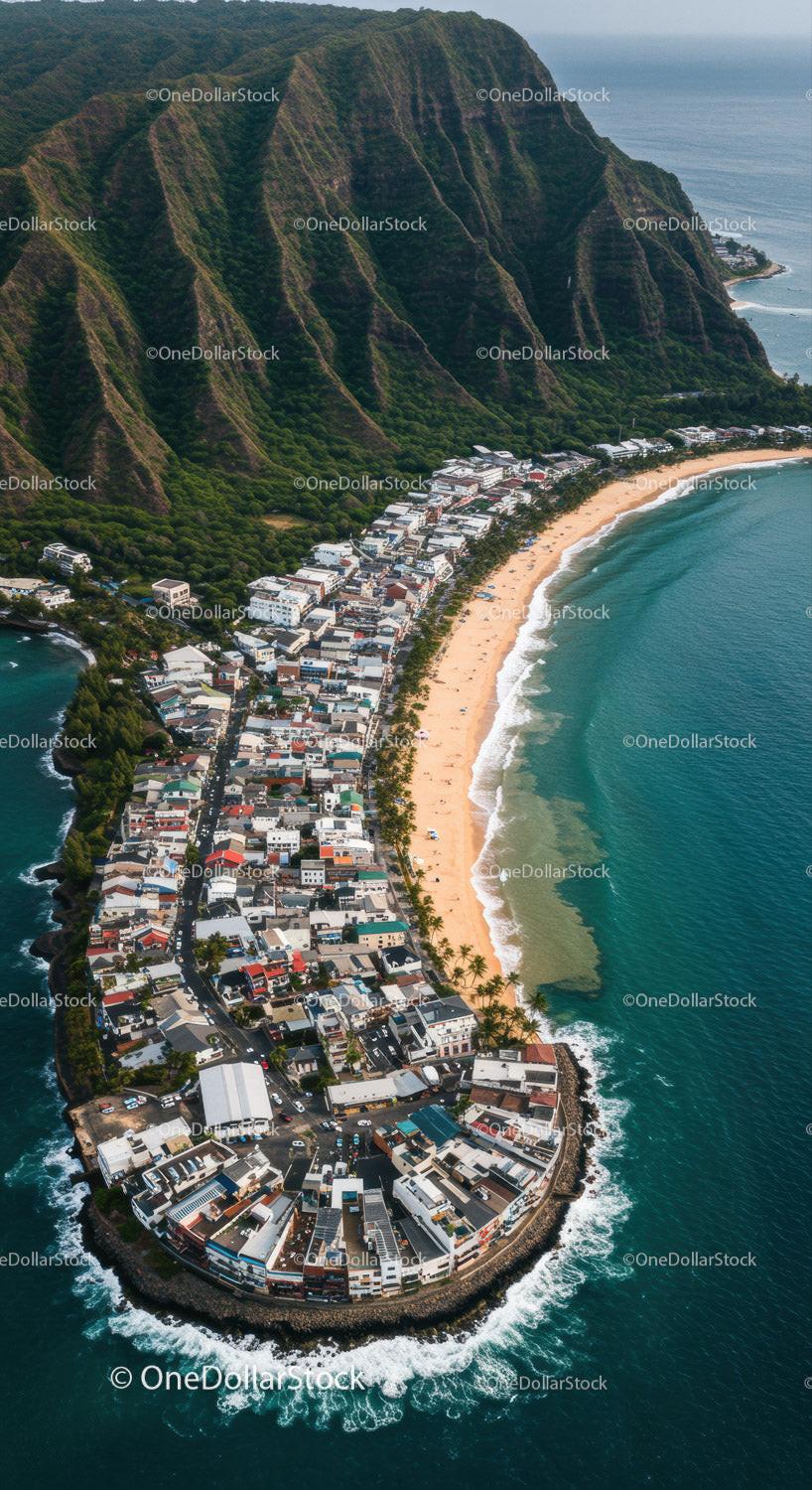 Beachside Town with Mountain Cliffs and Turquoise Ocean