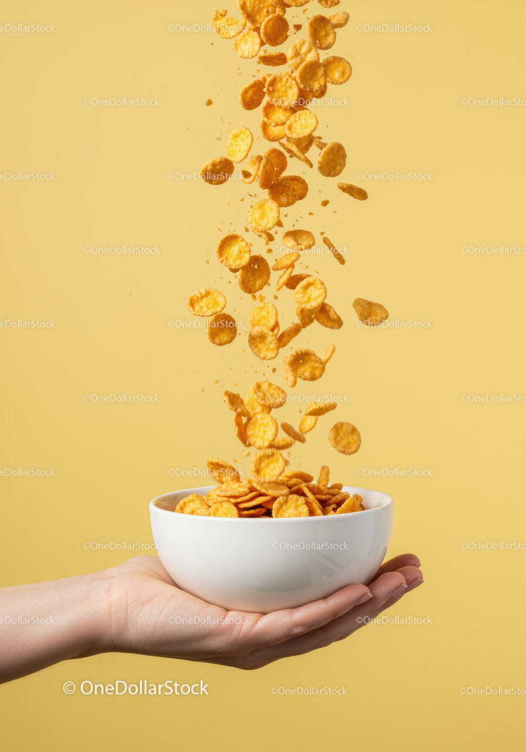 Hand Holding Bowl with Falling Cornflakes on Yellow Background