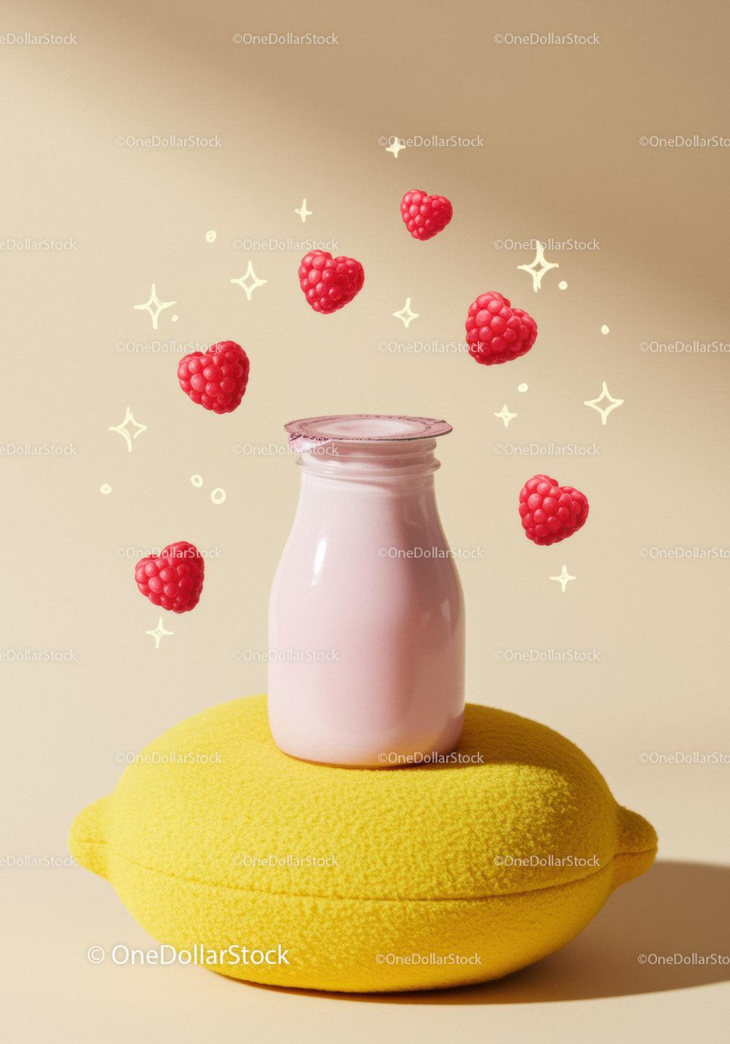 Strawberry yogurt bottle on lemon with heart raspberries JPG Mockup Image preview