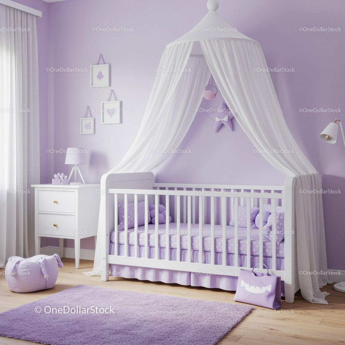 Lavender Nursery with Canopy Bed and Plush Toys for a Cozy Baby Room