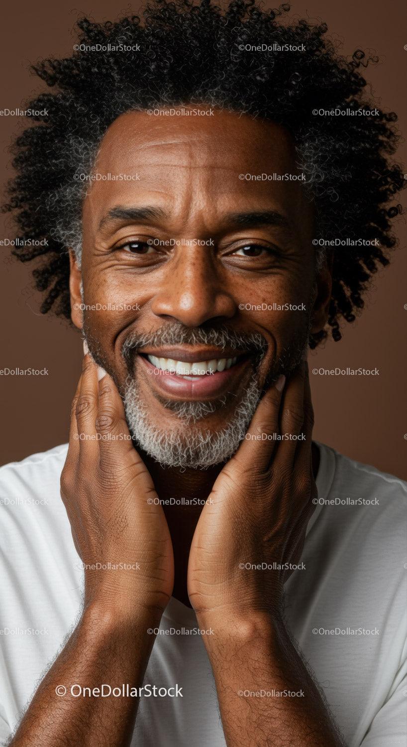 Close-Up of Happy Elderly Man with Curly Hair and Grey Beard