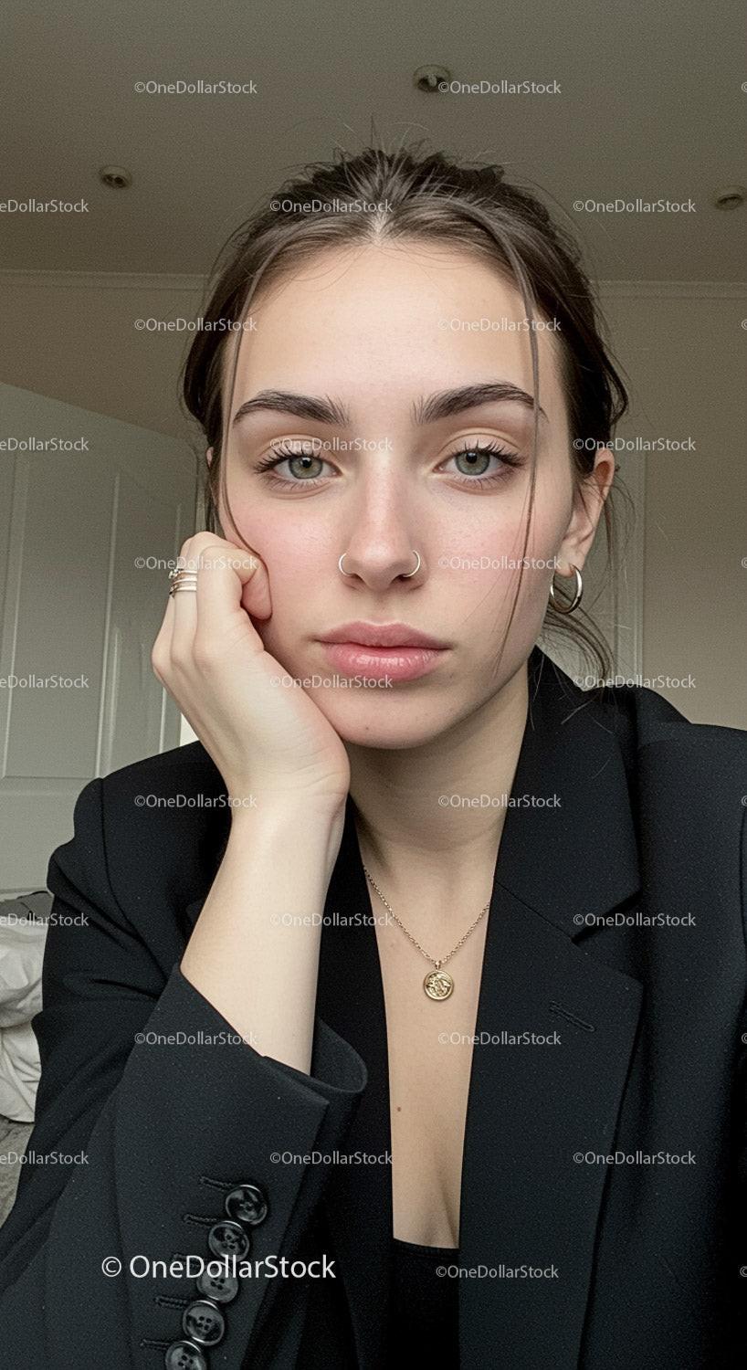 Young woman with piercing gaze in casual indoor setting