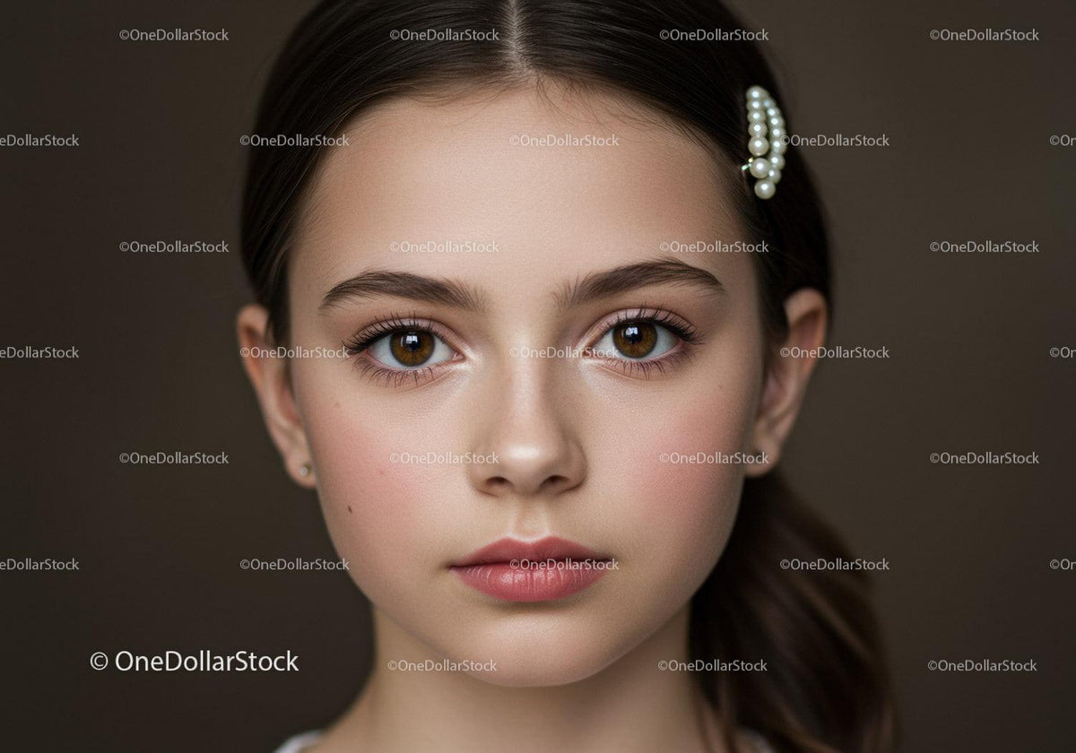 Elegant Portrait of a Young Girl with Brown Eyes and Pearl Hair Clip
