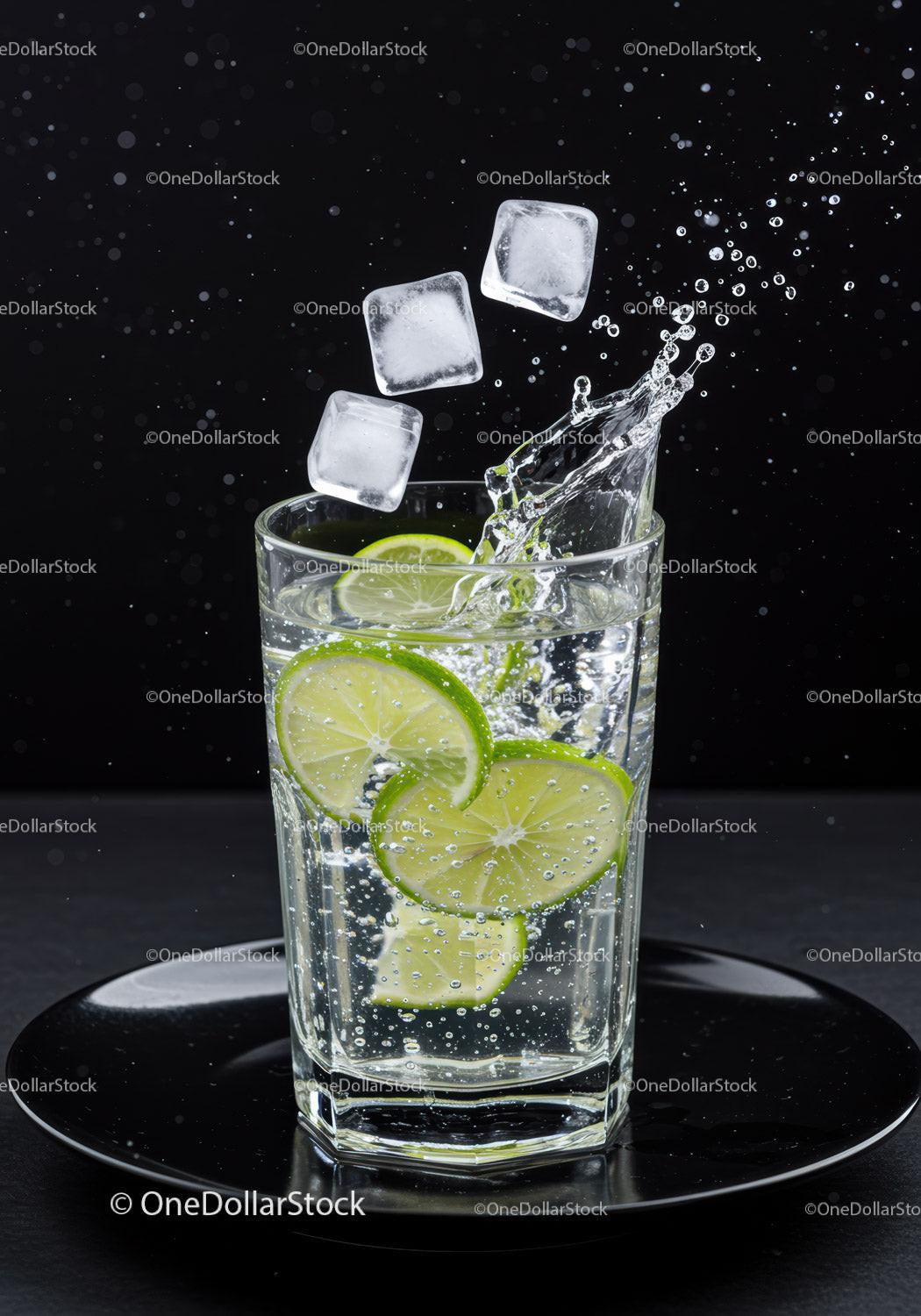 Refreshing sparkling water with lime and ice cubes splash