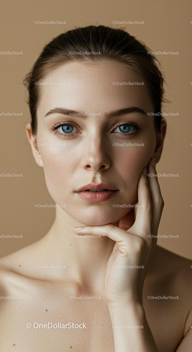 Close-Up Portrait of a Young Woman with Blue Eyes and Clear Skin
