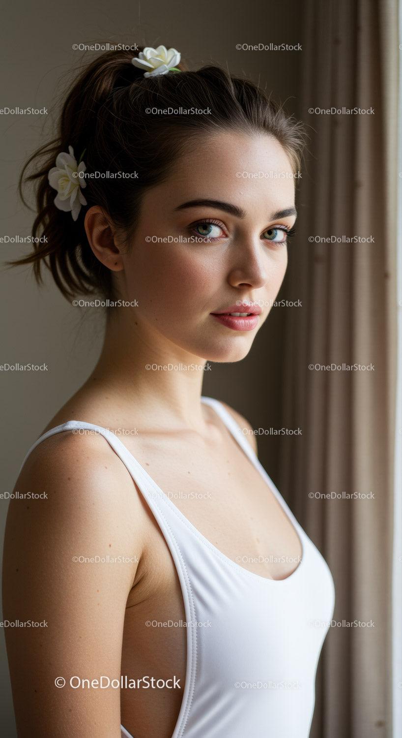 Young Woman with Flowers in Hair and Soft Natural Light