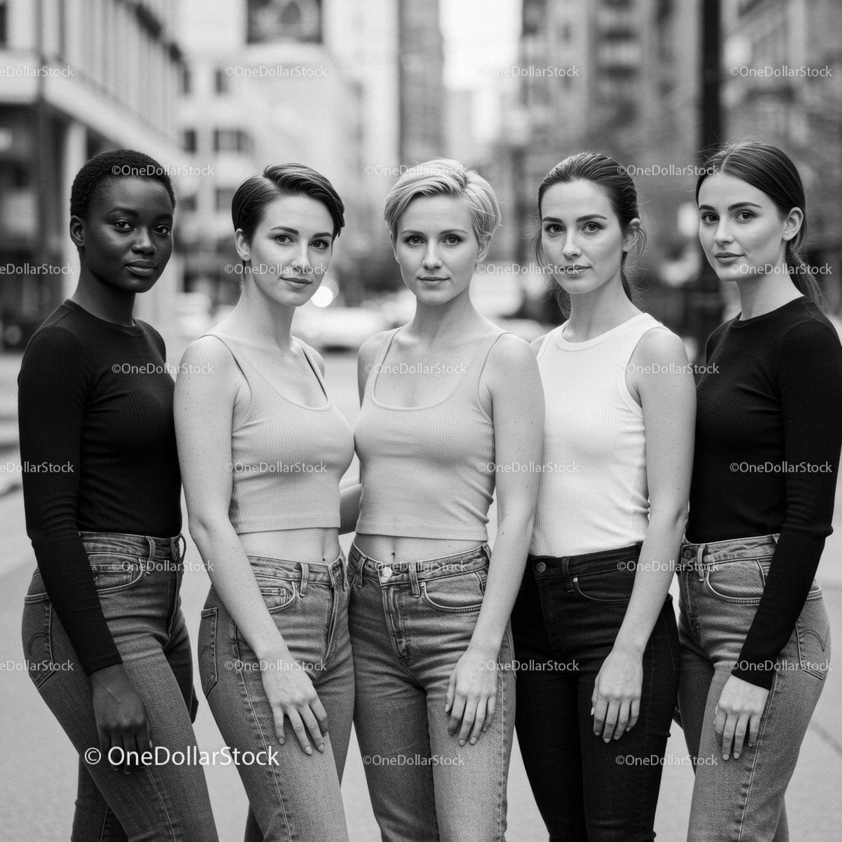 Group of diverse young women standing confidently outdoors