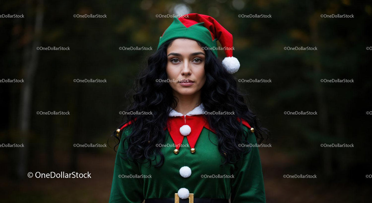 Young woman in festive elf costume with black curls