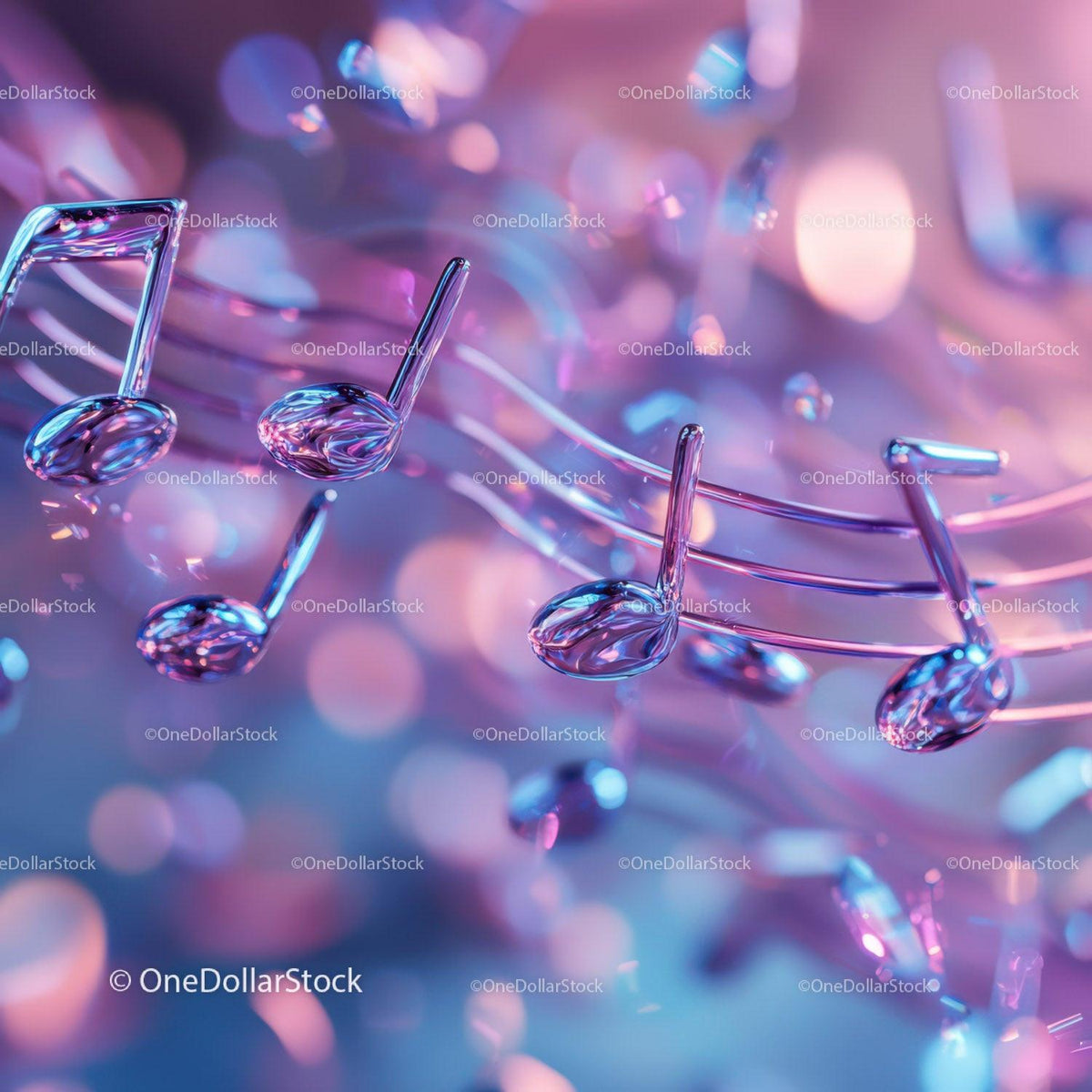 Translucent glass musical notes positioned over a curved musical staff with purple and pink bokeh background