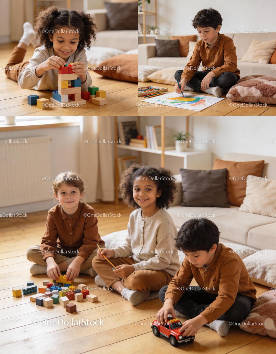 Children Engaged in Creative Play and Drawing at Home