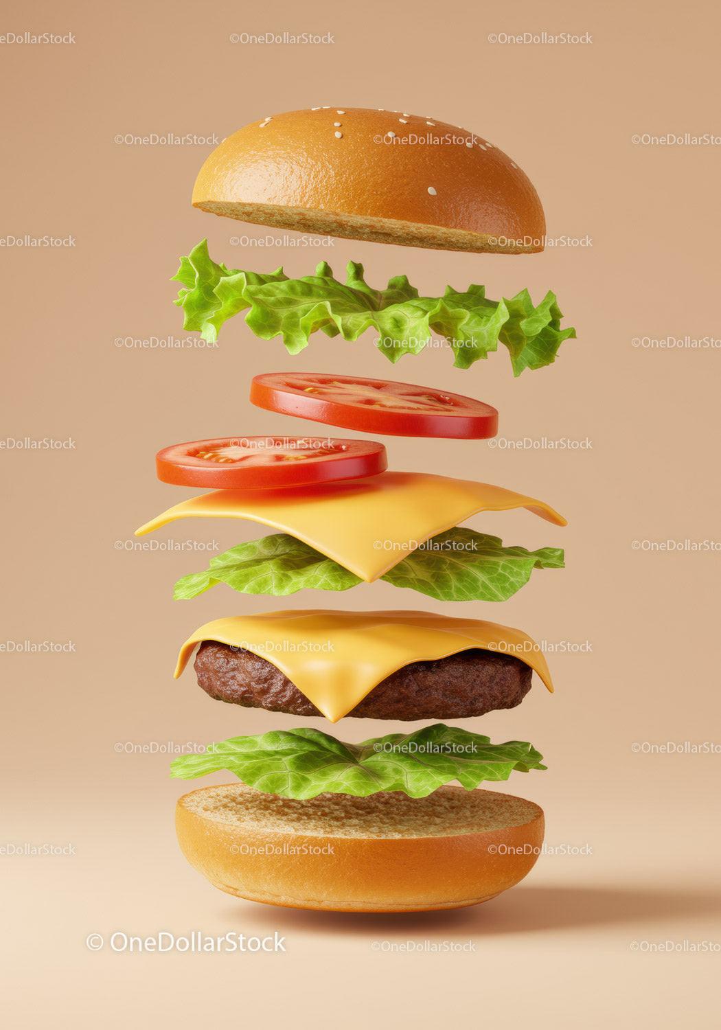 Classic cheeseburger ingredients floating on neutral background