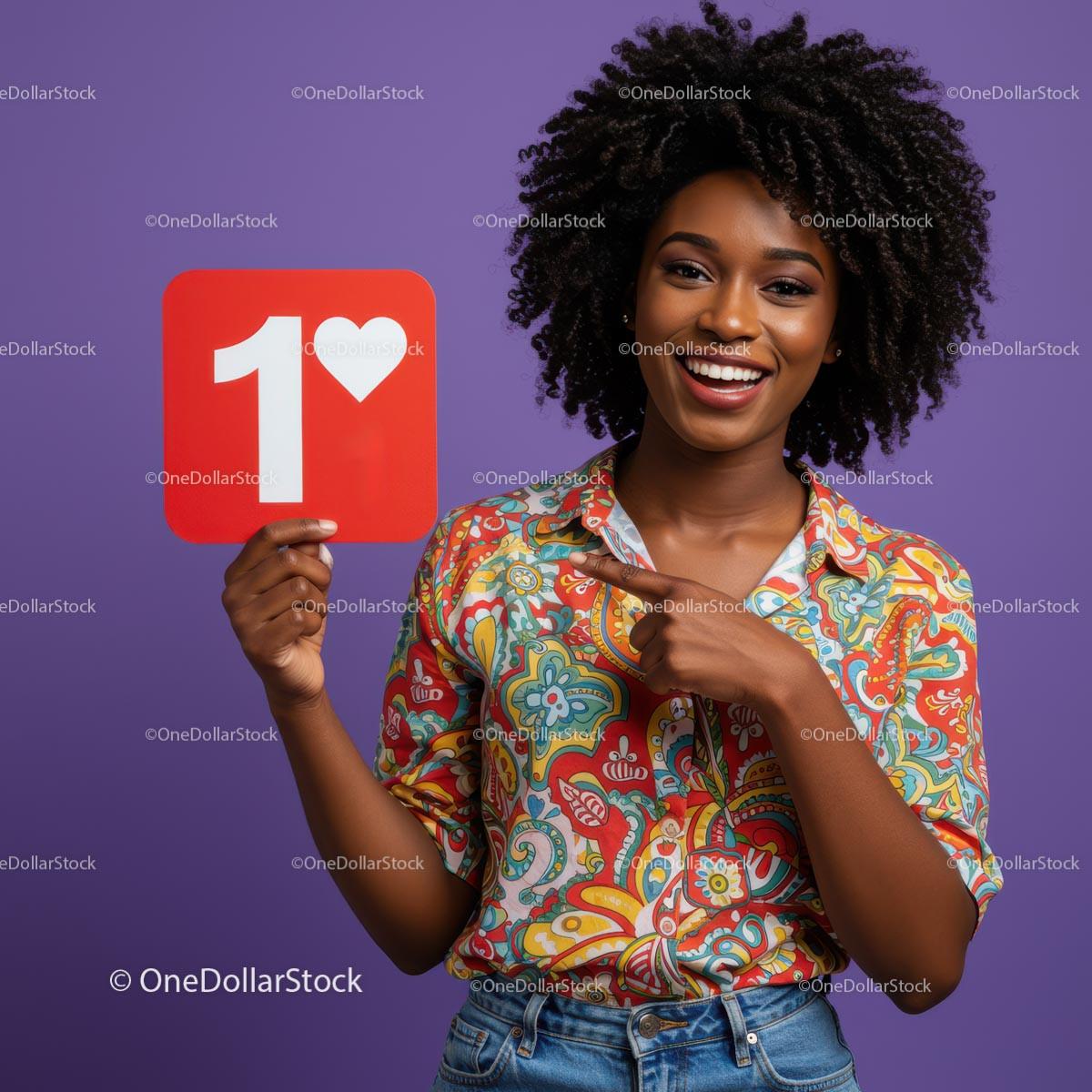 Smiling Woman Holding Heart Sign with Colorful Shirt Against Purple Background Stock Photo Bundle preview 72