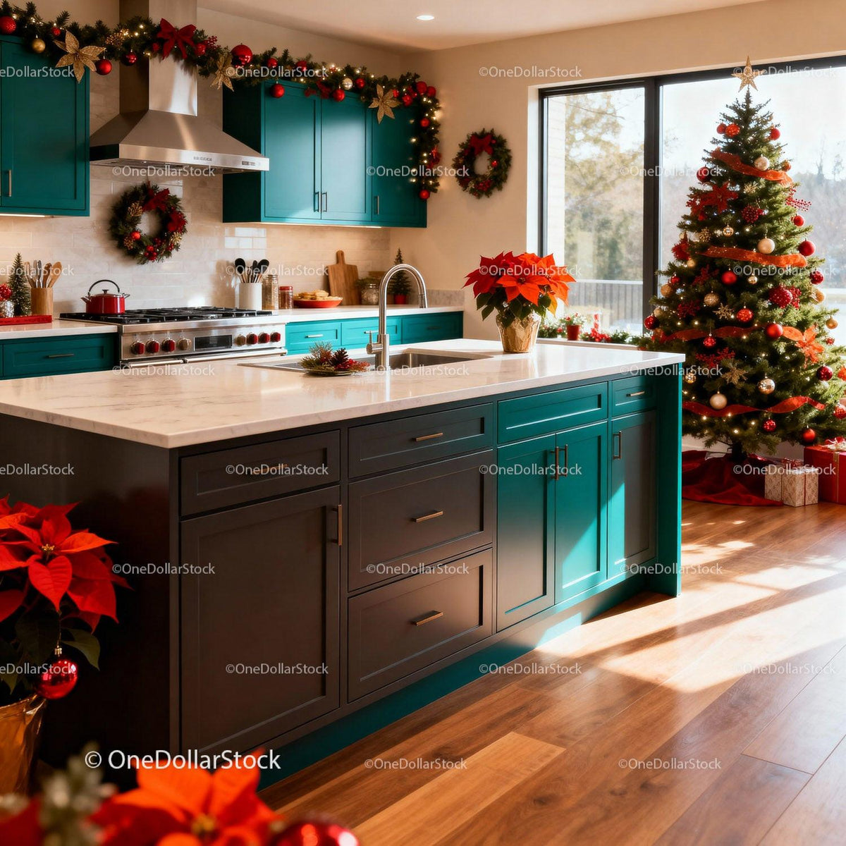Bright Kitchen with Festive Christmas Decorations