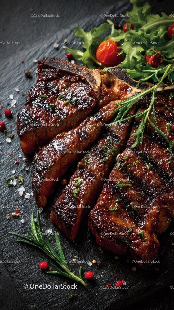 Grilled Beef Ribs with Fresh Green Herbs on Plate Stock Photo Bundle preview 19